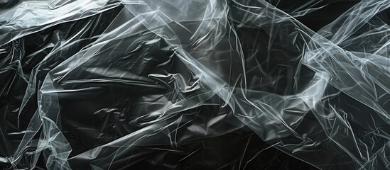 transparent plastic bag wrap overlay texture on black background. with copy space image. Place for adding text or design
