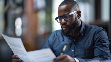 Obraz premium Businessman Reading Document with Intense Focus in Plain Office Setting