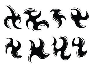 Vector set of symbols for comics and tattoos of different shapes and sizes. Black elements isolated on white background.