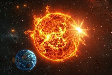 Bright sun against dark starry sky in Solar System. Sun in Space. Solar Surface Activity, Corona. Heatwave hot sun. Climate Change. Global Warming. Temperature of Summer season. Geomagnetic storm