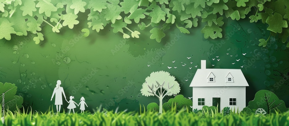 Aufkleber Paper cut of family with house and tree on fresh spring green grass. with copy space image. Place for adding text or design