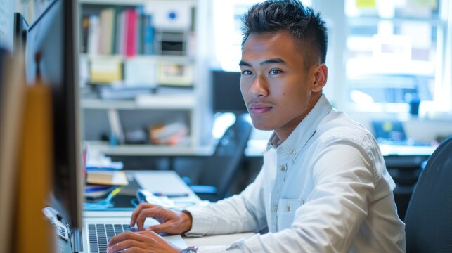 A biracial young professional man, sitting at office desk, typing on laptop wide angle lens