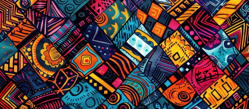 African print fabric, tribal ethnic ornament patchwork pattern. Handmade geometric elements ornament for your design, colorful Afro textile fashion style. Pareo wrap dress, carpet batik background.