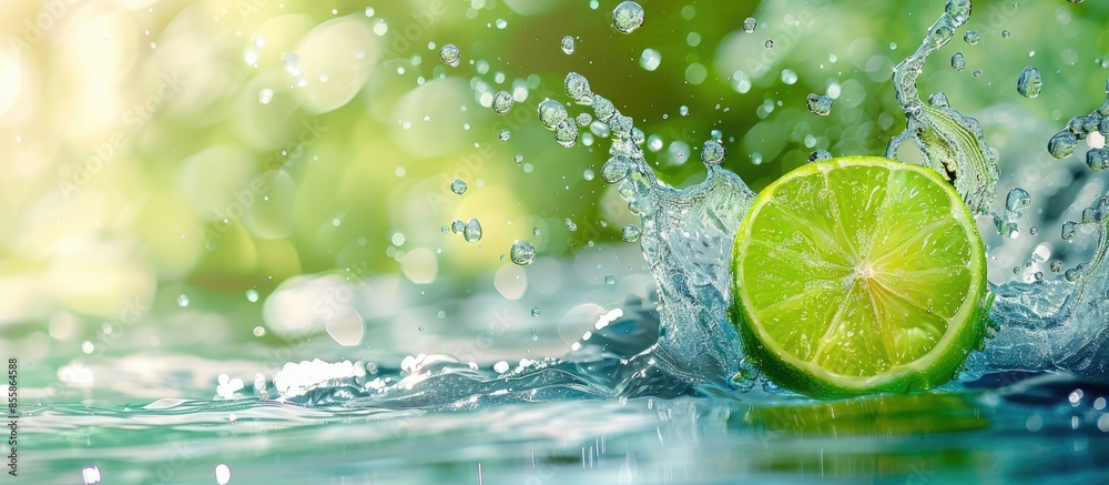 Poster lime in water with fresh bright green splash pastel background. with copy space image. place for add