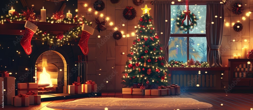 Aufkleber new year cozy home interior with christmas tree and garlands. with copy space image. place for addin