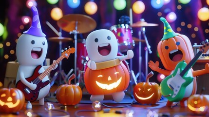 Fototapeta premium A group of cartoon characters with pumpkins