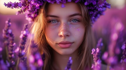 Beautiful girl in lavender wreath and retro dress on the lavender field. Beautiful woman in the lavender field on sunset in France