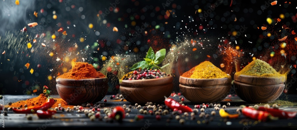 Aufkleber Colorful spices and peppers in wooden bowls flying over the table on black background. Spices and seasonings powder splash. Freeze motion photo. Copy space image. Place for adding text or design