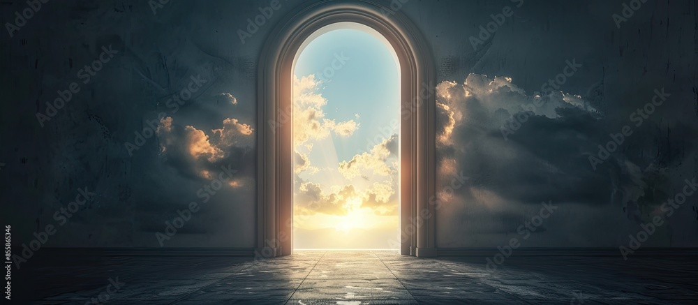 Aufkleber Door to Heaven. Arched passage open to heaven`s sky. Light at end of the tunnel. Hope metaphor. Copy space image. Place for adding text or design