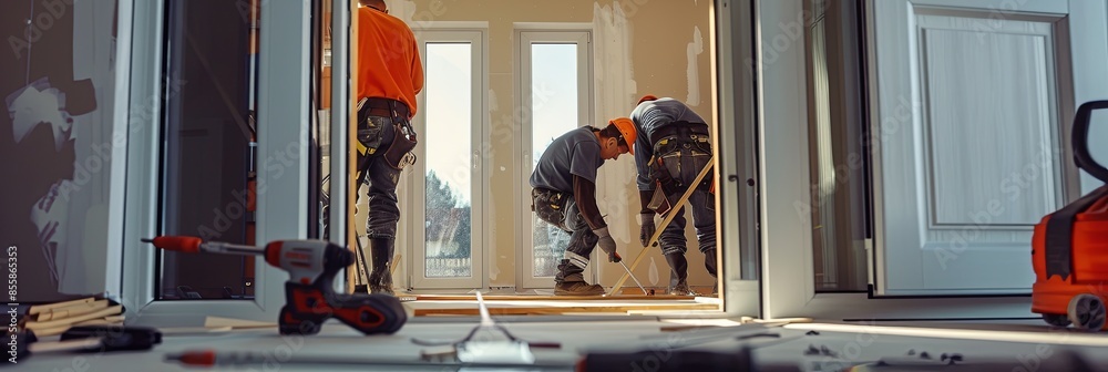 Poster workers carefully install a new door in a home, using precision tools and a meticulous approach. gen