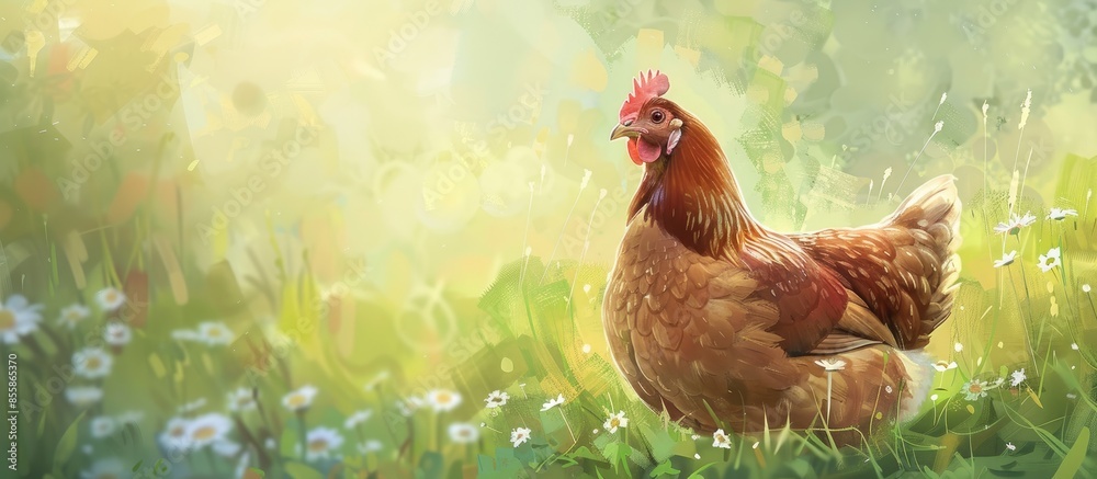 Leinwandbilder brown hen sitting down in a warm day in the backyard pastel background. with copy space image. place