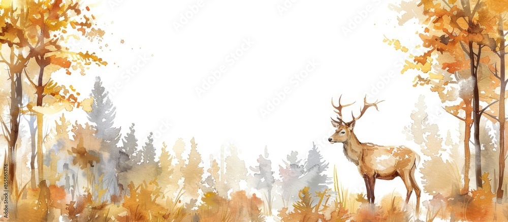 Poster watercolor painting white background forest deer. copy space image. place for adding text or design