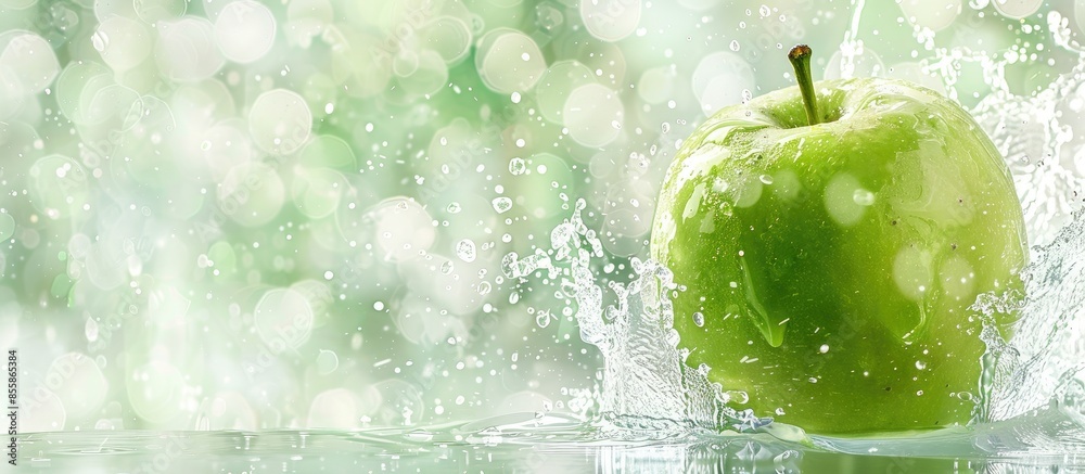 Aufkleber green apple and splashes of water on a colopastel background. with copy space image. place for addin