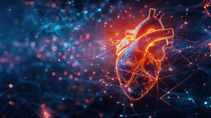A digital reality hologram of a human heart glowing with digital networks lines wide angle lens