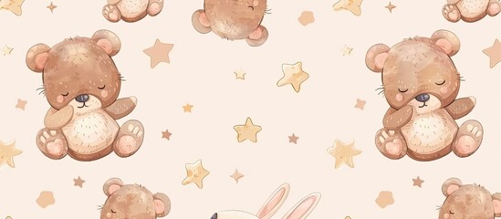 Seamless pattern from cute cartoon baby bears sleep and with rabbit toy. with copy space image. Place for adding text or design