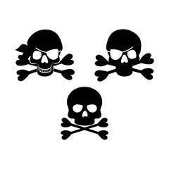 Black and white pirate icons. Set of skull icons on a white background. Pirate skull emblem. Black and white icon.