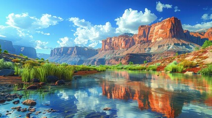 A tranquil river winding through a majestic canyon, its reflective surface mirroring the sheer cliffs that rise above. This scenic view captures the harmony between flowing water and ancient stone,