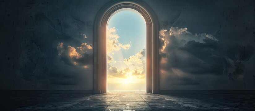 Door to Heaven. Arched passage open to heaven`s sky. Light at end of the tunnel. Hope metaphor. Copy space image. Place for adding text or design