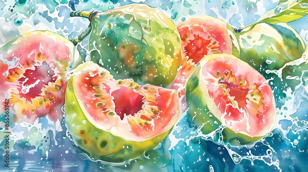 Canvas Prints Fresh guava fruits on a wave of juice, watercolor hand drawn illustration. 