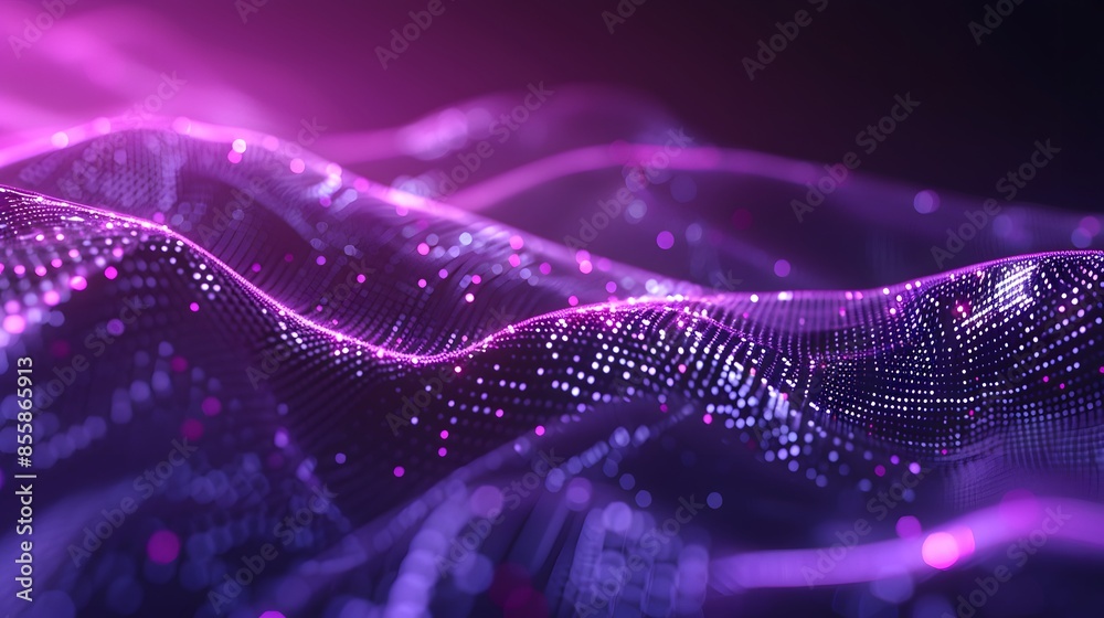Poster Purple-colored particles form a wave flowing with lines and dots connecting, creating a digital cyberspace with a futuristic feel, representing abstract technology blockchain network concepts