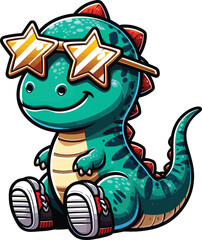 Cute T-rex Dinosaur Wraring Sunglass Vector 
Illustration