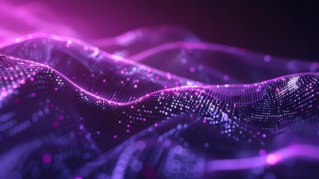 Purple-colored particles form a wave flowing with lines and dots connecting, creating a digital cyberspace with a futuristic feel, representing abstract technology blockchain network concepts