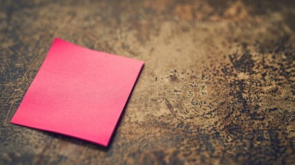A pink sticky note on brown backdrop wide angle lens