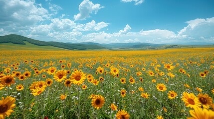 Fototapeta premium A breathtaking panorama of sunflower meadows stretching to the horizon, their golden blooms radiating warmth under a cloudless blue sky. This iconic image captures the essence of summer's bounty and