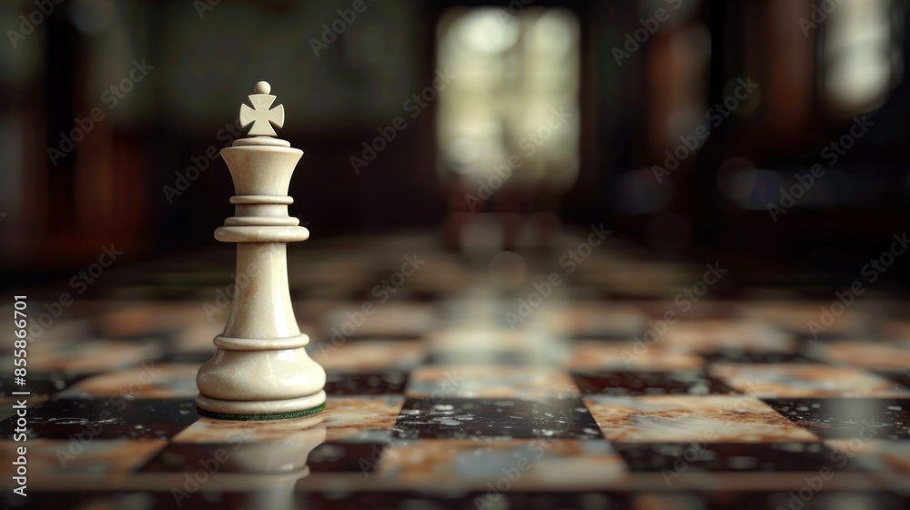 Wall mural a white queen chess piece standing out on the board wide angle lens