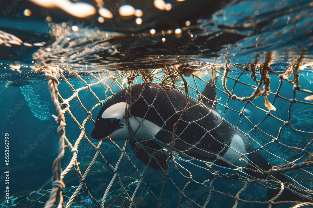 Wall mural A Killer Whale Entangled in a Fishing Net