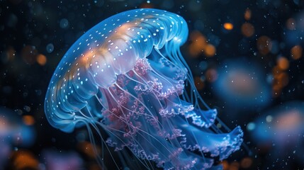 Amidst the silent expanse of the deep sea, bioluminescent jellyfish pulse with otherworldly light, casting an eerie yet captivating glow in the midnight blue waters. This surreal encounter showcases
