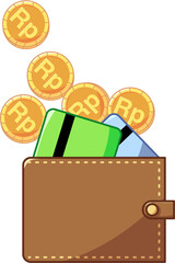 Money coins  and cards with rupiah currency in a wallet illustration in flat design