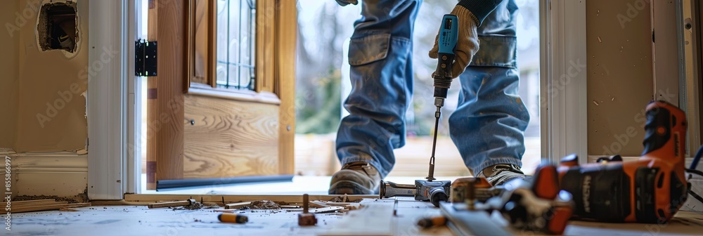 Poster a construction worker meticulously installs a new door, showcasing expertise and attention to detail