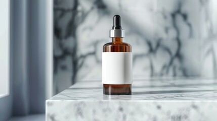 amber glass skin care product mockup with white label on blank bottle wide angle lens