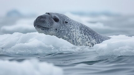 Obraz premium In the tranquil depths of the Arctic sea, a narwhal moves gracefully amidst drifting ice floes, its spiraled tusk and streamlined body a testament to survival in the extreme cold. This photograph