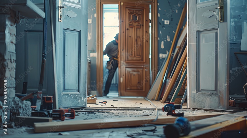 Poster workers carefully install a new door, with old and new doors visible and tools scattered around. gen