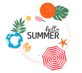 Summer background with round frame. Illustration with beach attributes, hat, pool ring, flip flop, ice cream, shells, palm leaves. Decorative elements for card, sale, invitation, banner, scrapbooking.