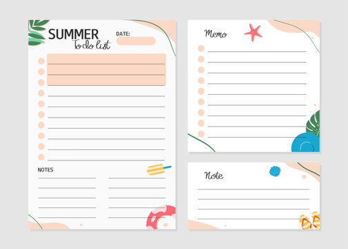 Set of Summer To do list, note, memo with Cartoon illustrations of Beach Accessories. Vector illustration for agenda, planners, checklists, notebooks, cards and other stationery. Layout in A5.
