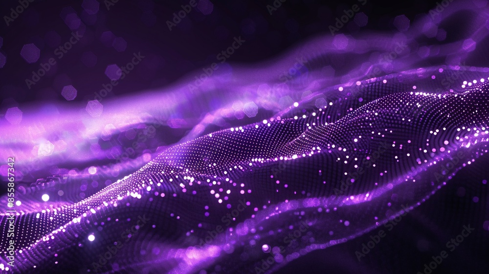 Poster Purple-colored particles form a wave flowing with lines and dots connecting, creating a digital cyberspace with a futuristic feel, representing abstract technology blockchain network concepts