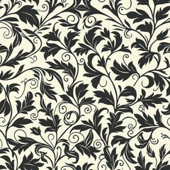 Fototapeta premium Seamless pattern with leaves and curls. Monochrome abstract floral background. Stylish black and white texture.
