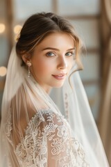 Naklejka premium An Elegant bride in a sophisticated wedding dress with veil, looking over her shoulder with a soft smile