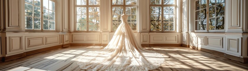 Fototapeta premium An elegant wedding dress stands on display in a vintagestyled room with large windows and classical architecture, awaiting the bride