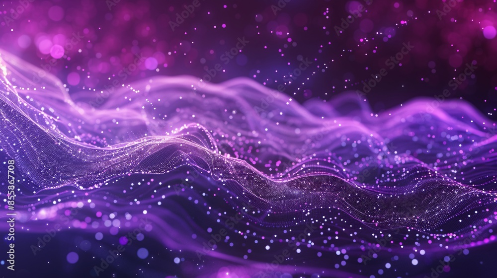 Poster Purple-colored particles form a wave flowing with lines and dots connecting, creating a digital cyberspace with a futuristic feel, representing abstract technology blockchain network concepts