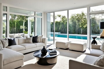 Fototapeta premium Natural light illuminating a modern living room with elegant neutral decor.