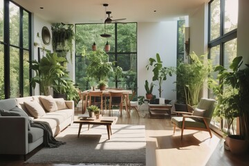 Obraz premium Contemporary living room with elegant neutral decor bathed in sunlight.