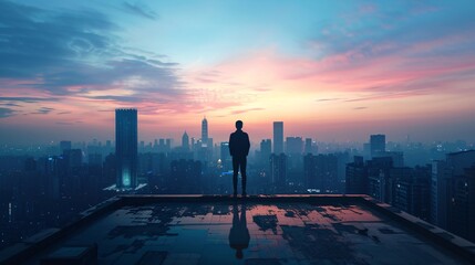 A man standing on a high-rise building at dawn, gazing at the first light of the day illuminating the city below