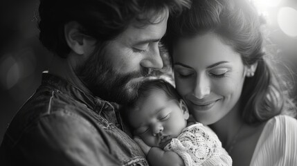 happy family , young parents holding a newborn baby in her arms , who is asleep and gently hugged him, black and white photo on a black background , a lot of affection and love .
