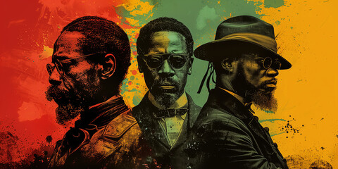 Montage of historical figures a integral to Juneteenth, creative illustration in black, green, red and yellow colors.