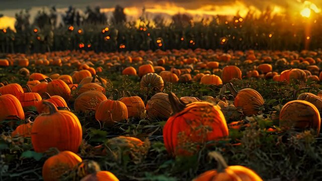Pumpkins in a pumpkin patch at dusk