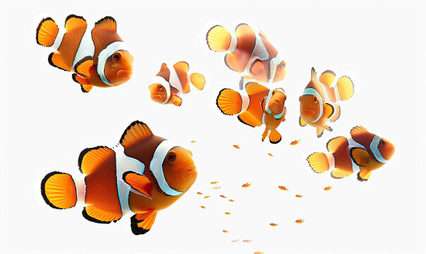 Group of clown anemonefish swimming in aquarium on white background